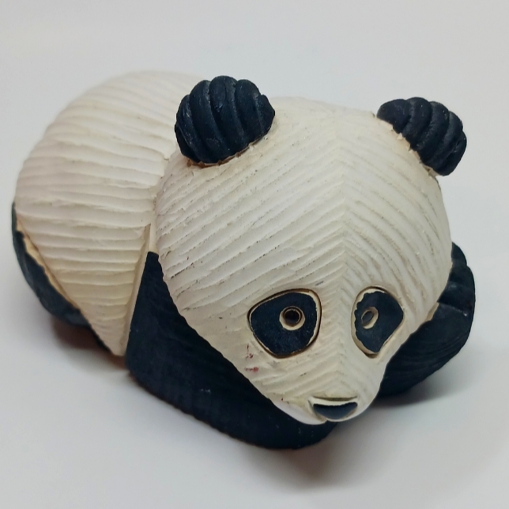 Artesania Rinconada Black White Lying Down Panda Bear Clay Figurine 2.5” Uruguay